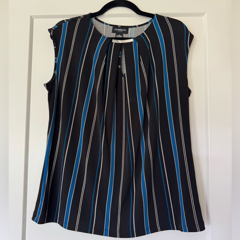 Liz Claiborne Career Black & Blue Striped Sleeveless Blouse Keyhole Front Size M